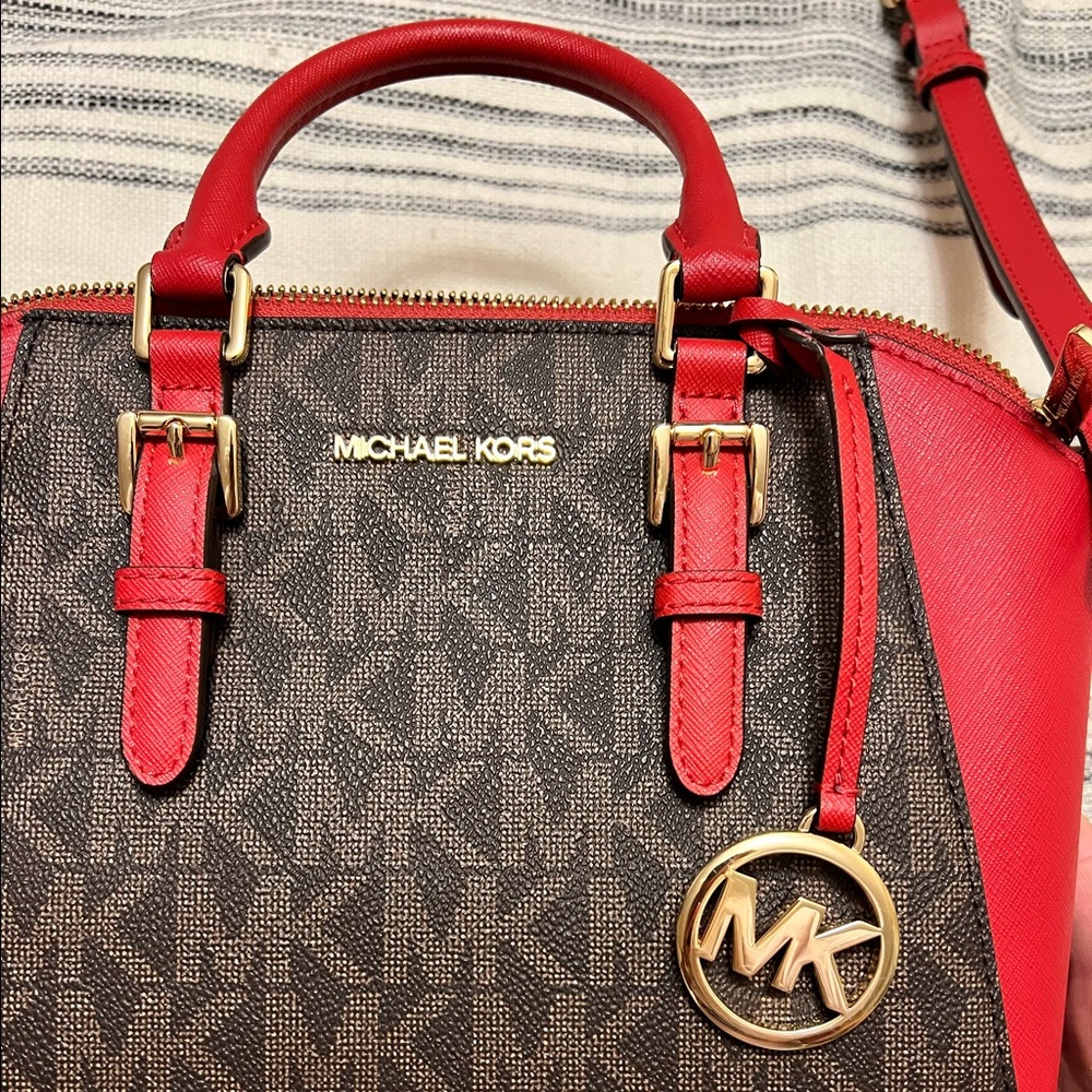 Michael Kors Ciara Messenger Bag in Flame (red) and Brown w matching wallet